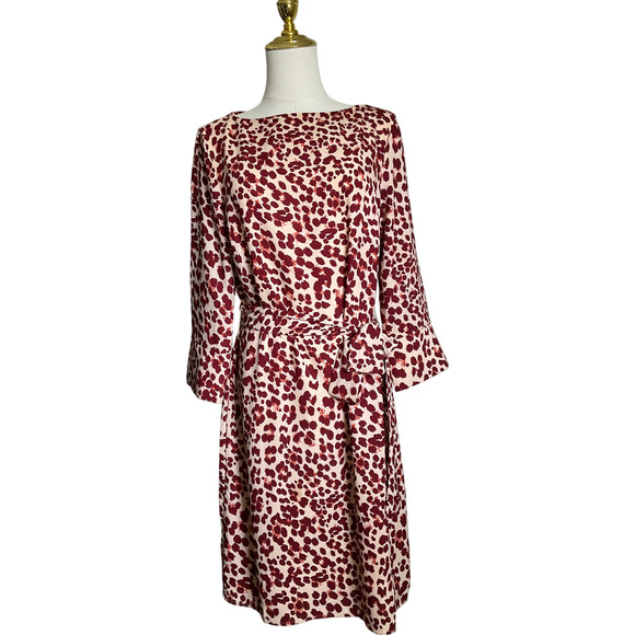 H&M Women's Dress Size 8 Soft Leopard Print 3/4 Sleeve Tie Waist Cream Red - Picture 13 of 13